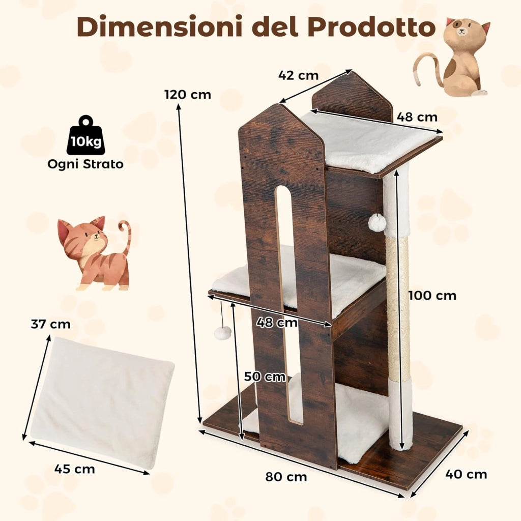 Albero per Gatti Alto 120 cm, Tiragraffi per Gattini in Legno con Posti Graffianti in Sisal, Palline Pendenti, Cuscini Morbidi e Piazzola, Tiragraffi Gatto per Arrampicata
