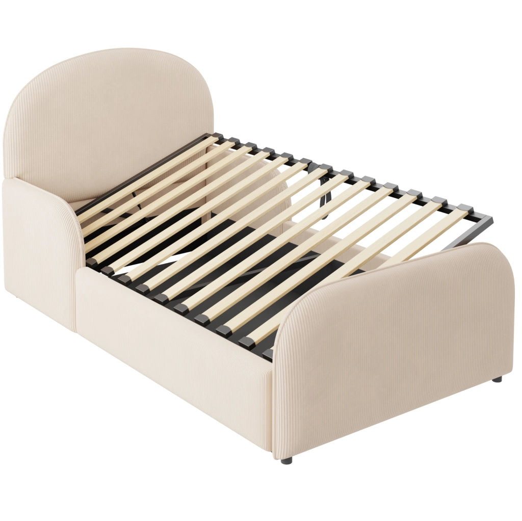 Letto imbottito 90x200 cm con contenitore idraulico; testiera alta in velluto beige