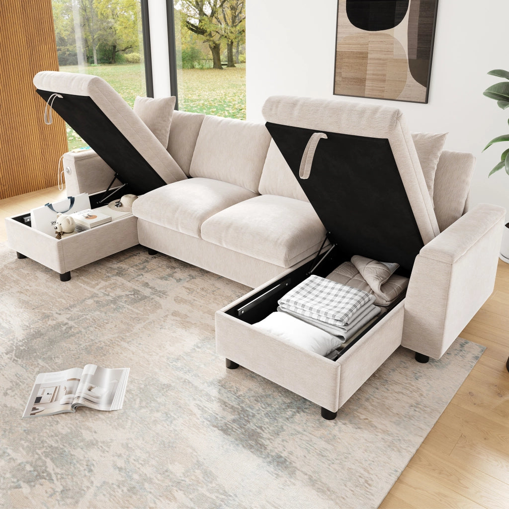 Divano a U con chaise longue e contenitore, porte USB e Type-C, in ciniglia beige, 279 × 135 × 84 cm