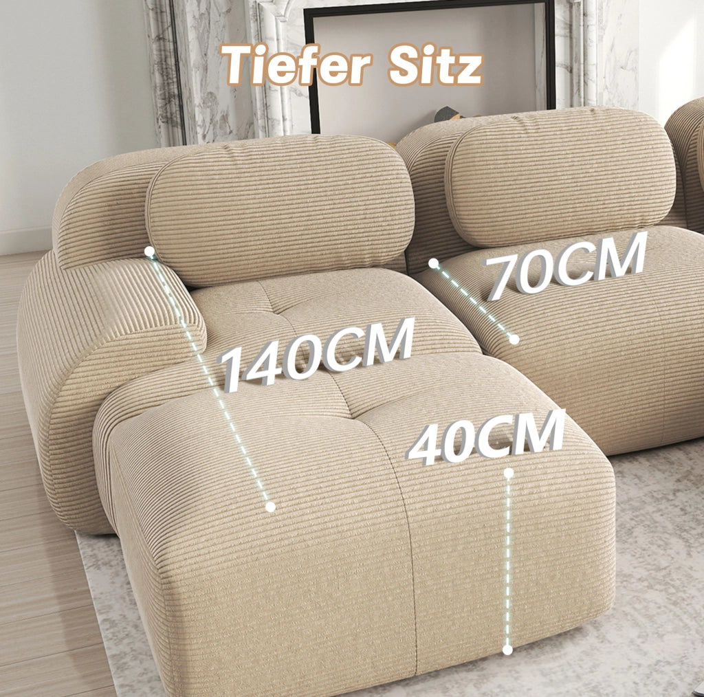 Divano angolare modulare in corduroy beige; design senza telaio con chaise longue e base antiscivolo