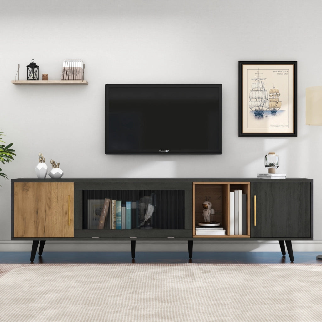 Mobile TV con 2 Ante; Anta a Ribalta in Vetro e Vano a Giorno; Passacavi; in MDF; 200¡Á40¡Á55;5 cm; Grigio