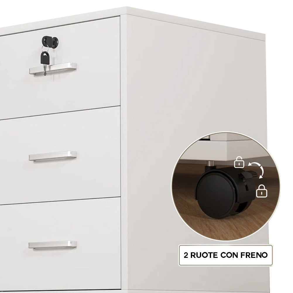 Mobile Schedario per Ufficio Multiuso 3 Cassetti Armadietto con Chiavi e Ruote