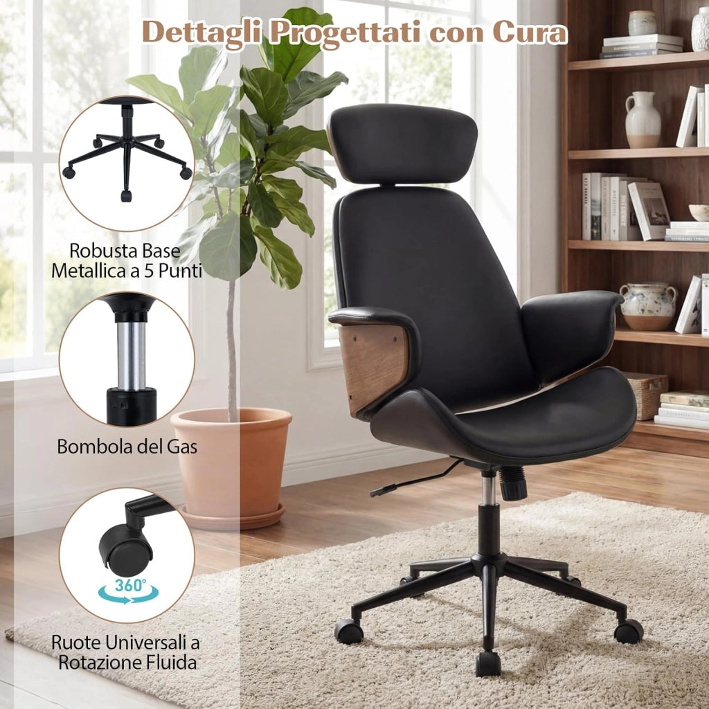 Sedia da Ufficio Ergonomica con Poggiatesta, Sedia Scrivania Imbottita con Altezza Regolabile e Schienale Inclinabile, Poltrona Computer con Braccioli e 5 Ruote Girevoli, Portata 110 kg