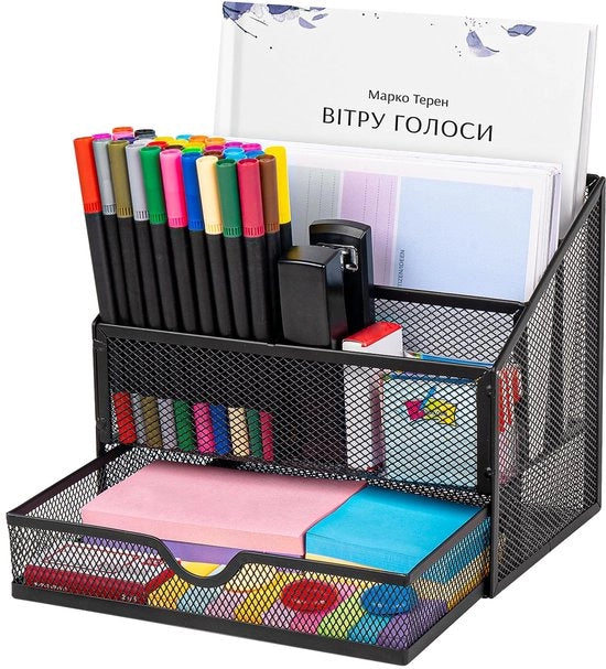 Organizzatore di scrivania con 5 cassetti in acciaio inossidabile a gas, sistema di organizzazione multifunzionale per ufficio domestico, scuola, sistema di organizzazione di scrivania in metallo nero