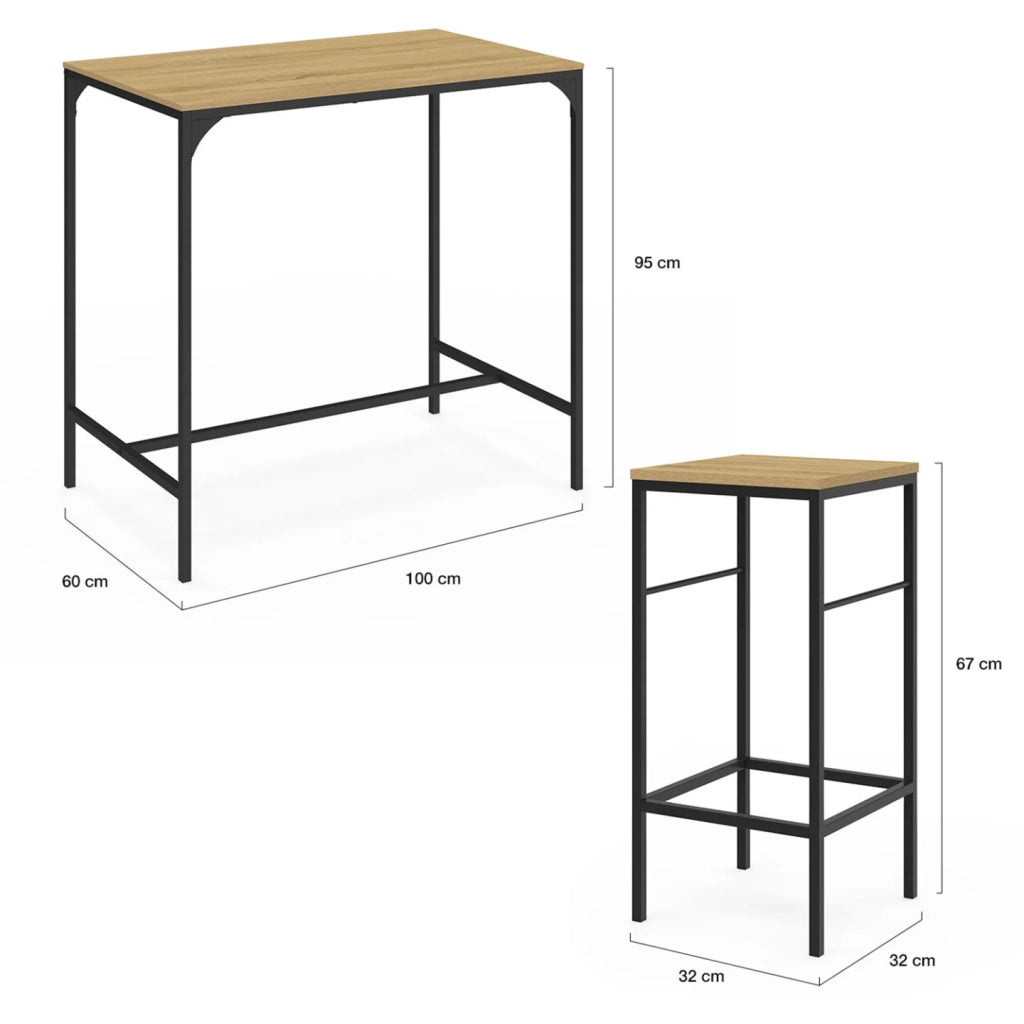 IDMarket - DETROIT Tavolo da bar alto 100 cm e 4 sgabelli in metallo e legno nero - design industriale
