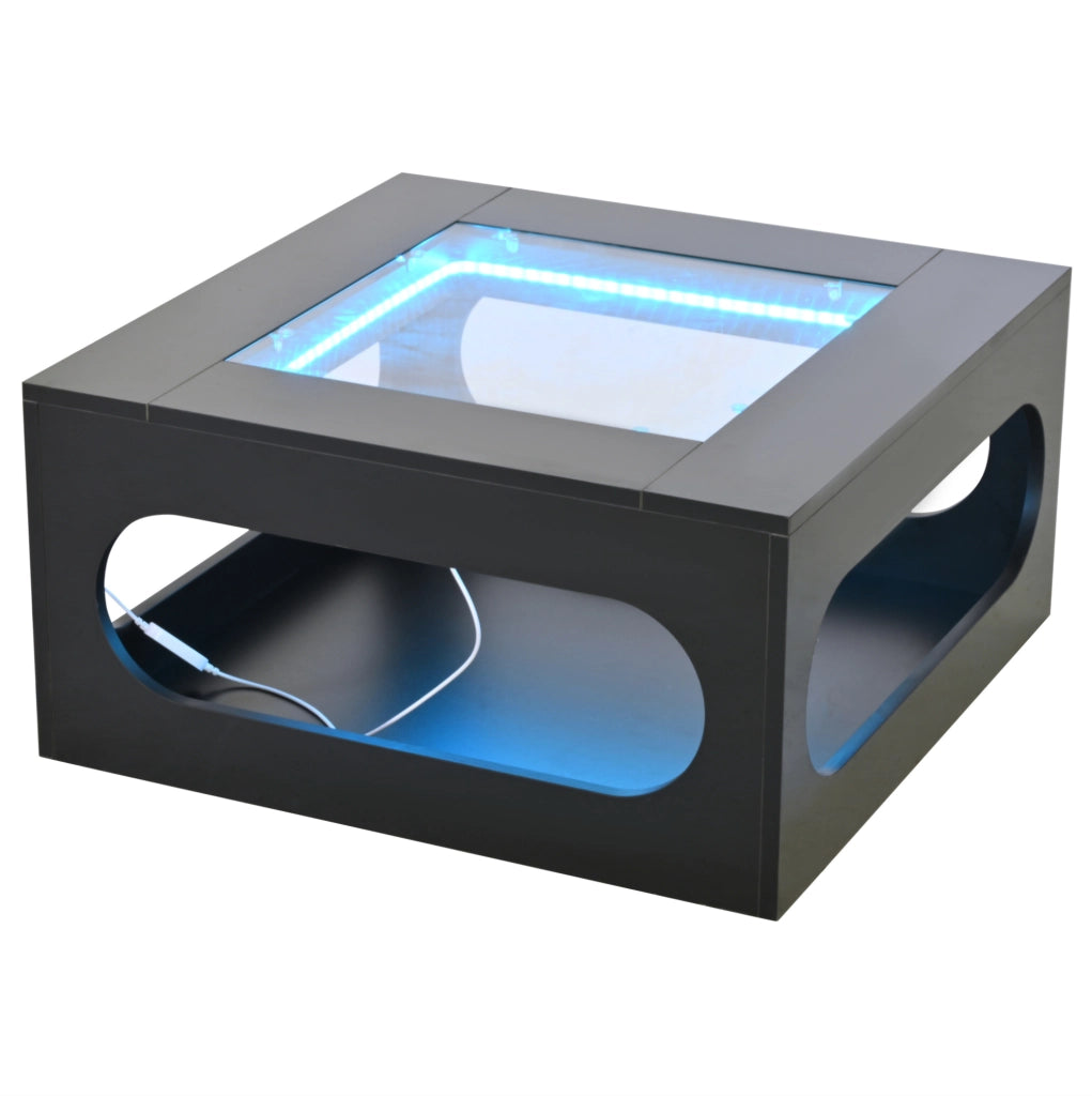 Tavolino da salotto quadrato 70 x 70 x 35 cm con LED controllato da app; vetro temperato; nero
