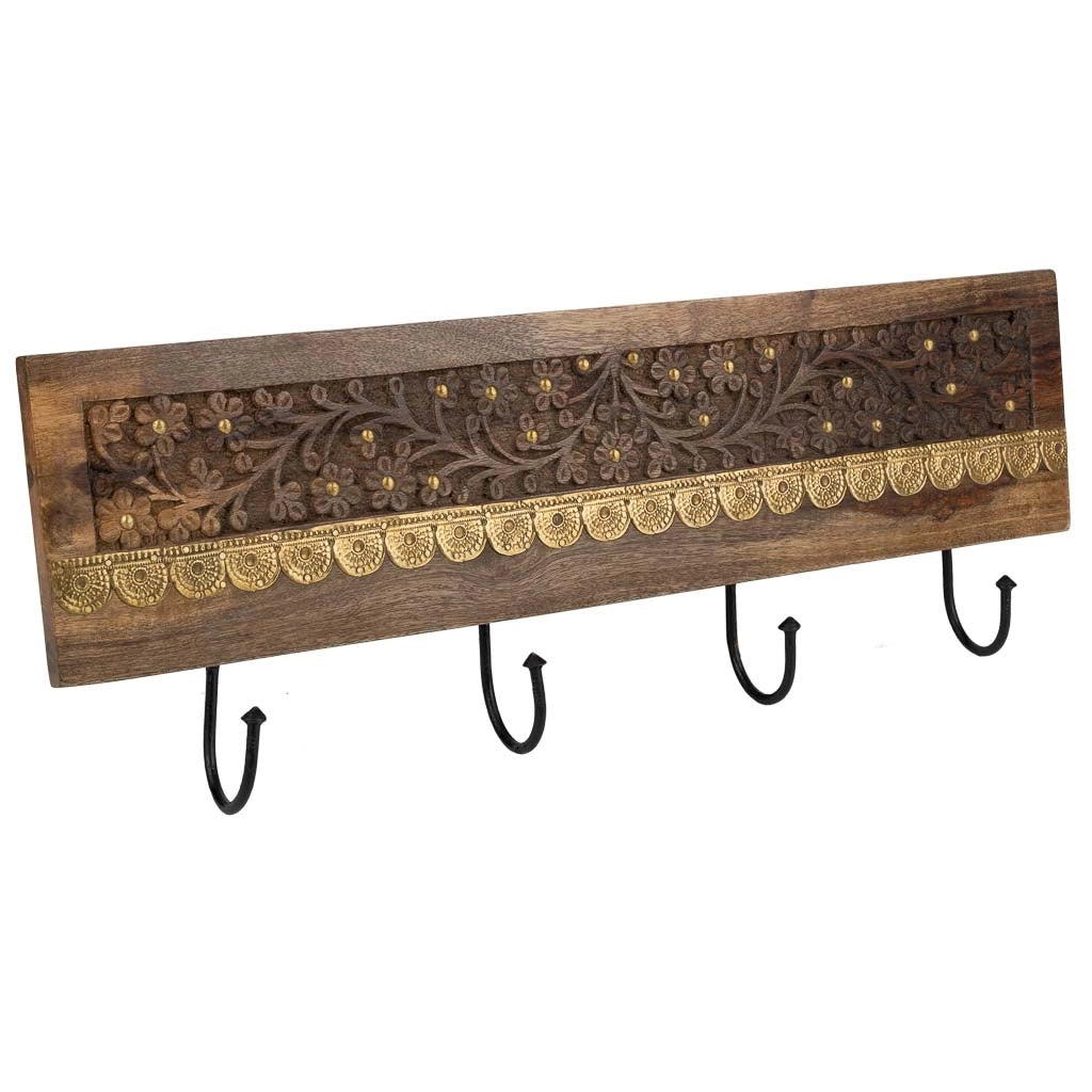 Portabito in legno con 4 ganci marrone 50x5x18h
