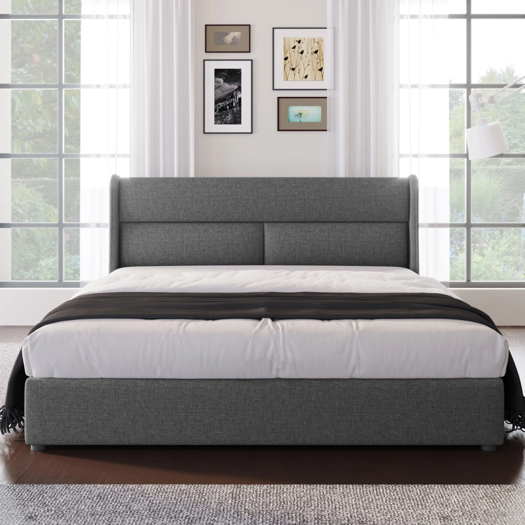 Letto matrimoniale 160 × 200 cm con contenitore, testiera regolabile e materasso incluso, in lino, grigio