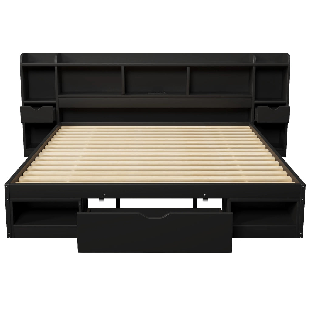 Letto contenitore 180x200 cm nero con testiera a scaffale; cassetti; LED e porta USB