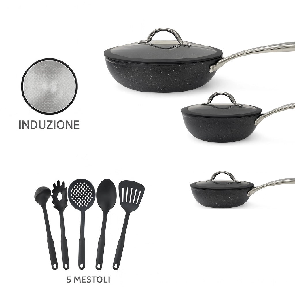 Set Padelle Induzione Pietra Antiaderenti 20/24/28 cm con Coperchi e 5mestoli Nero