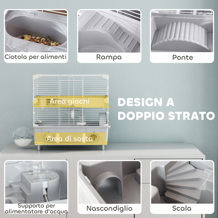 Gabbia per Criceti a 2 Livelli 44,5x28x44 cm 3 Porte Ruota e Tubi in Acciaio Grigio e Bianco