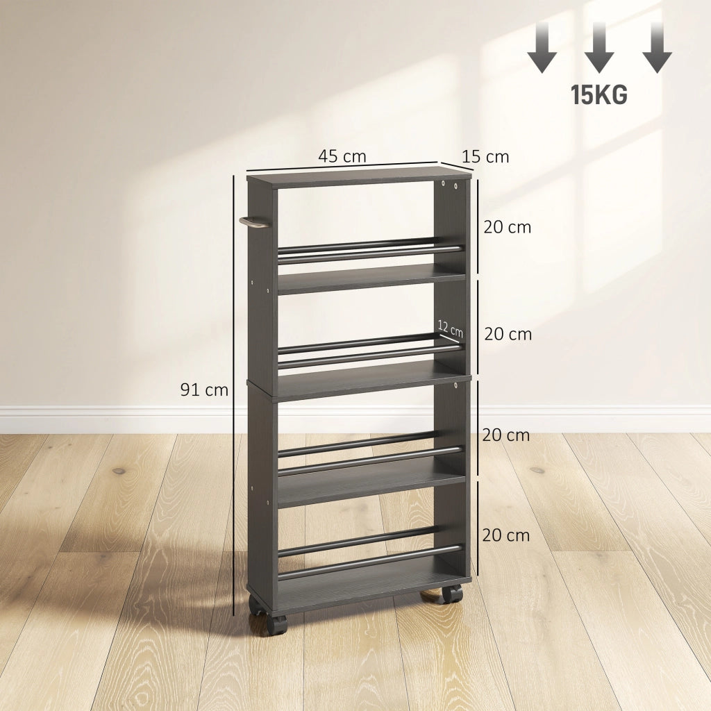 Libreria con Ruote, Design Sottile, 4 Ripiani ¨C Minimal ¨C 45x15x91 cm, Nero