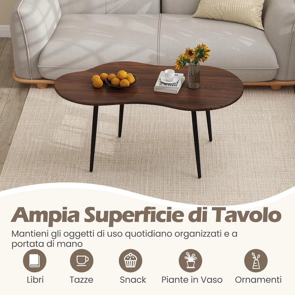 Tavolino da Salotto, Tavolino da Caffè a Forma di Nuvola con Struttura in Metallo e Piedini Regolabili, Tavolo Basso Moderno Irregolare per Soggiorno, Ufficio e Studio (Marrone)