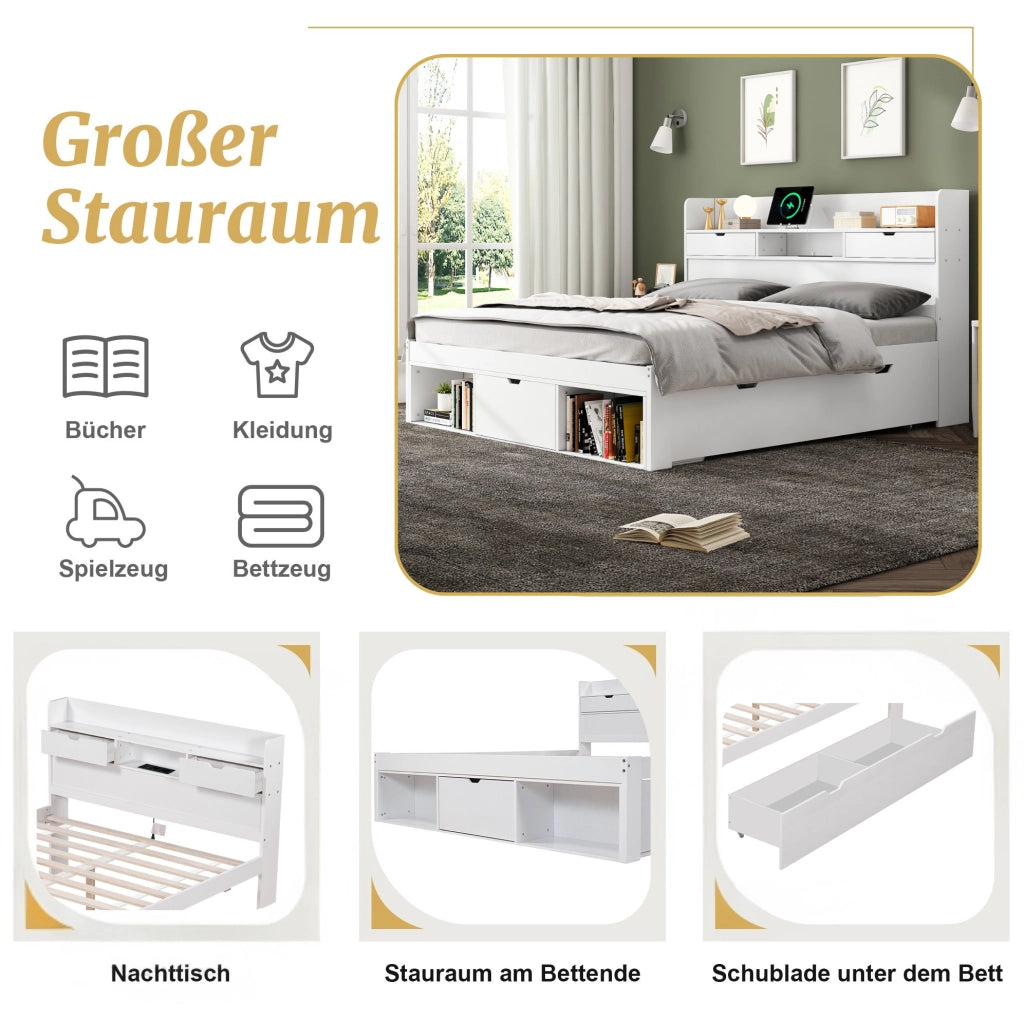 Letto matrimoniale 140x190 cm con USB; contenitore e cassetti; bianco in legno di pino
