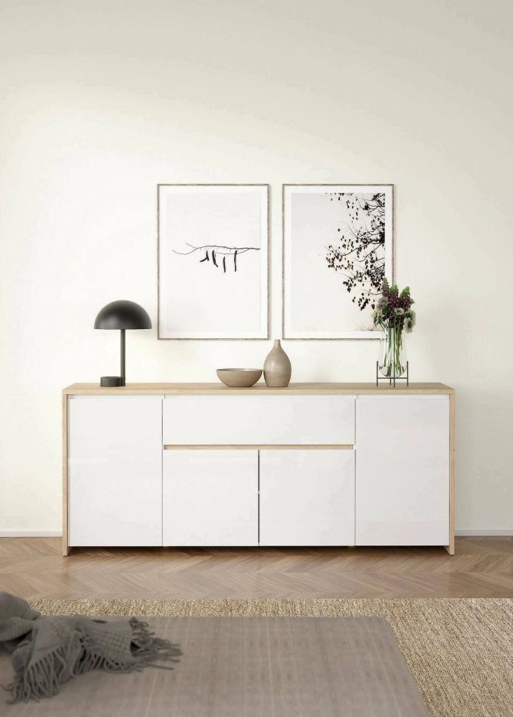 Credenza Basile, Buffet da soggiorno, Madia da salotto, Dispensa da cucina, 197x48 h84 cm, Rovere e Bianco lucido
