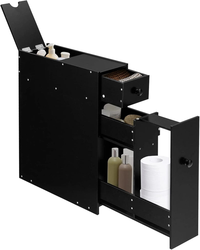 Armadio da bagno stretto, mobile con 2 cassetti, scaffale laterale, salvaspazio, colonna da bagno, armadio da pavimento, per cucina, ufficio, 48 x 16 x 58 cm (nero)