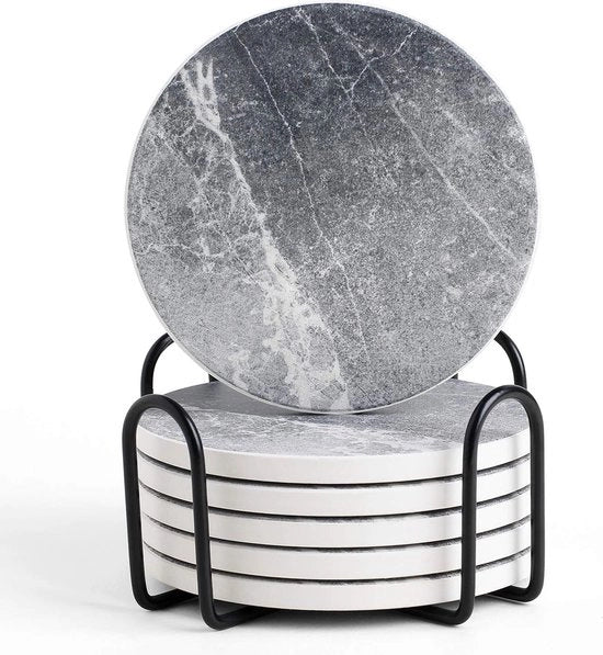 Set di 6 sottopiedi in ceramica grigia con fondo di porcellana e supporto