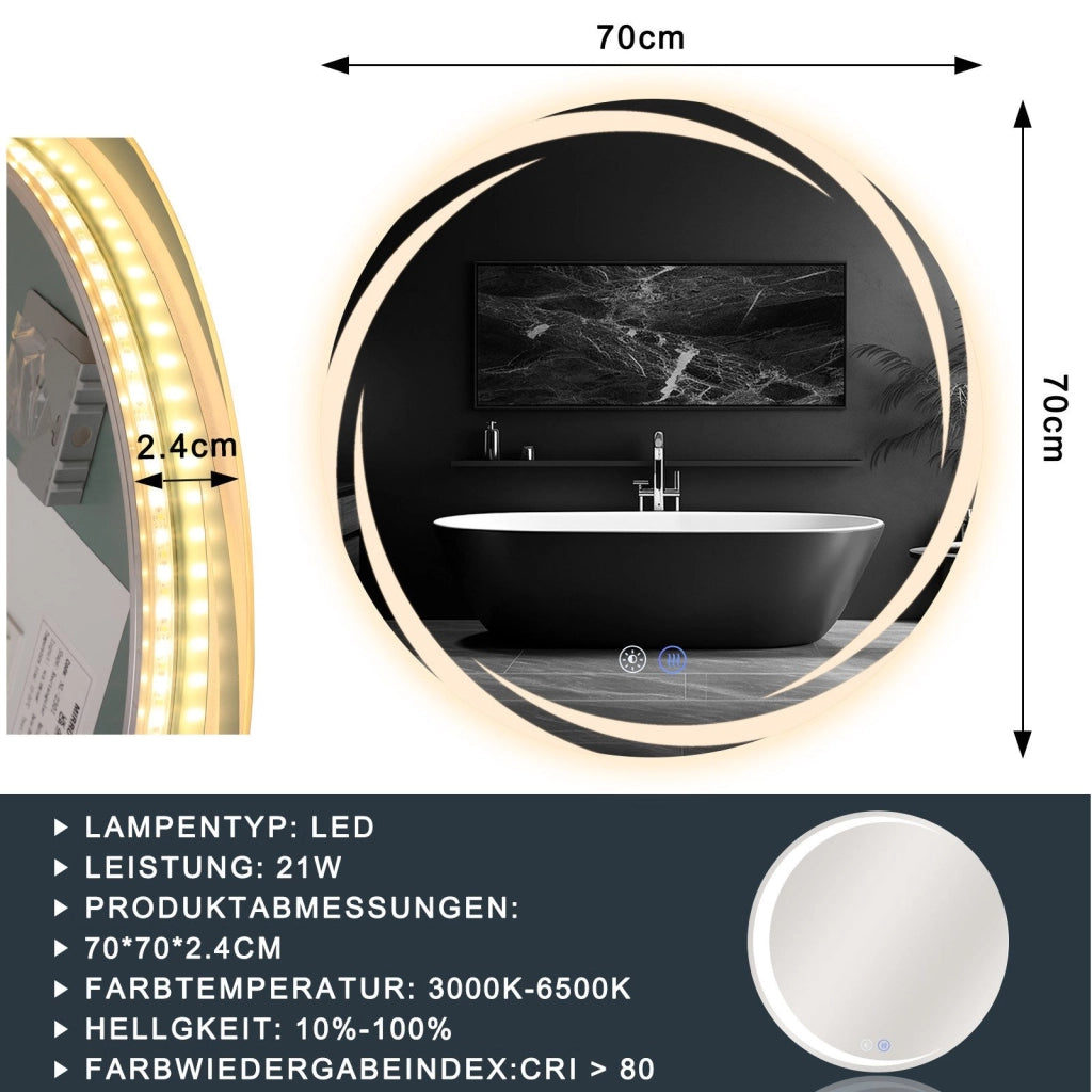ZMH Specchio da bagno con illuminazione Specchio da bagno moderno rotondo IP44 con funzione touch
