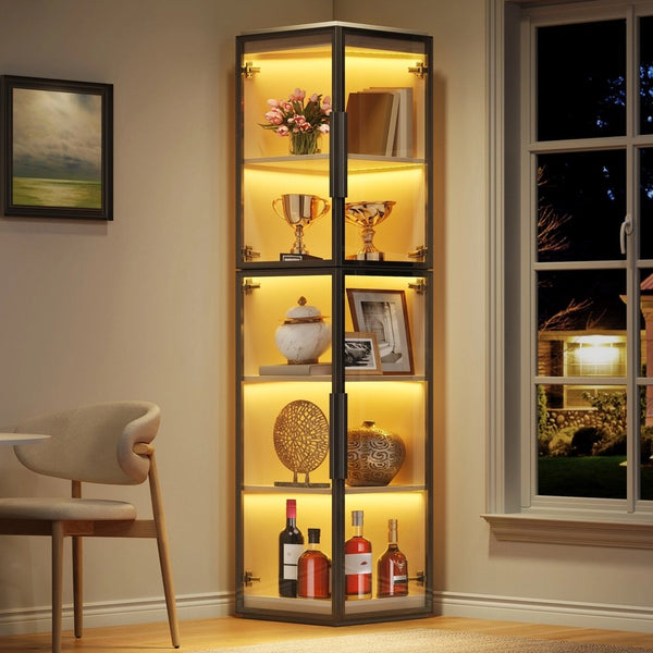 Vetrina alta e stretta con illuminazione LED - Zephmum - 170 cm, 5 ripiani, doppie porte in acrilico trasparente