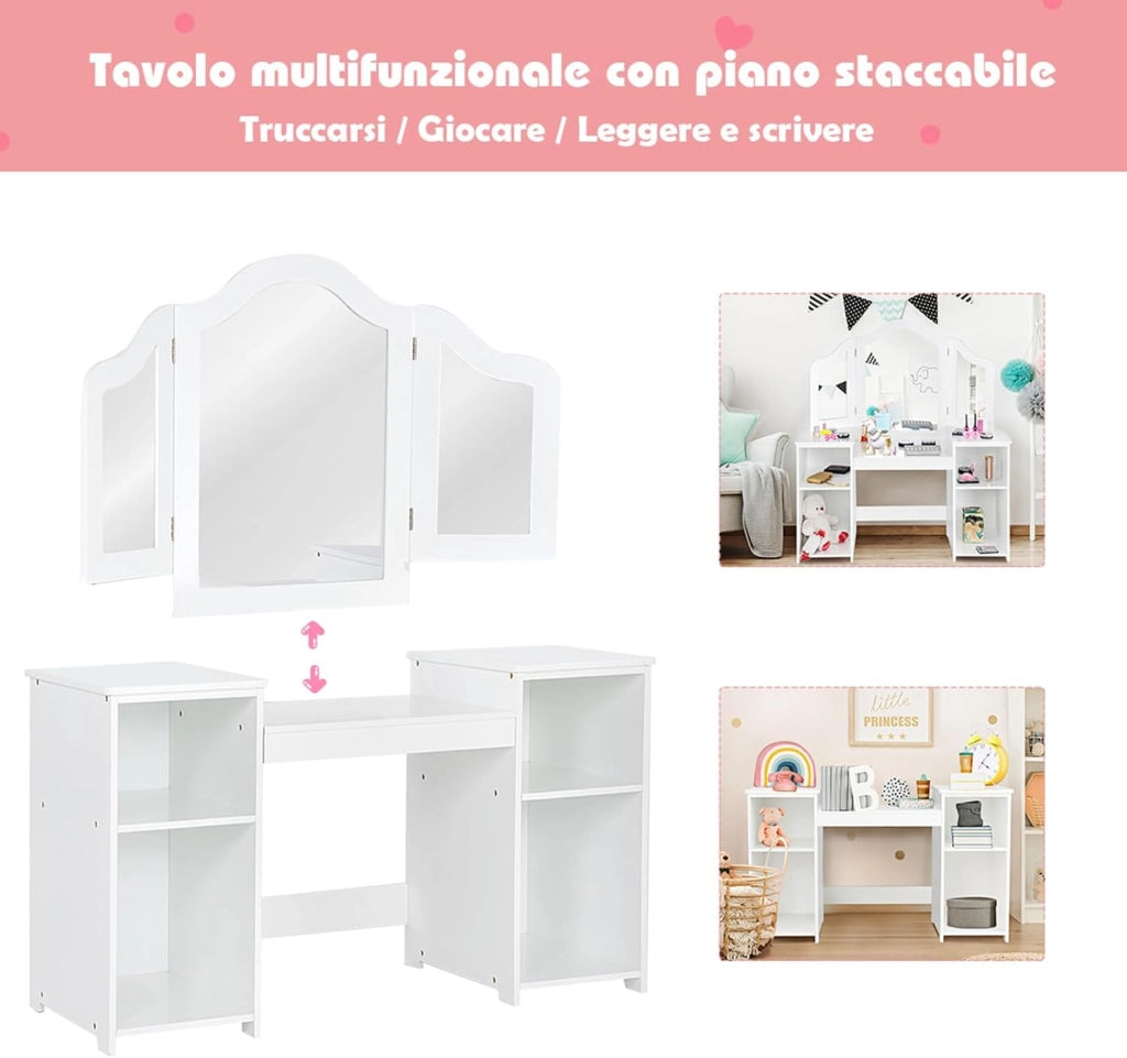 Toeletta per bambini in Legno, Design Smontabile 2 in 1, Mobile da Trucco Stile Principessa con 4 Mensole e Specchio, Mobile per Il Trucco per Bambini (Bianco)