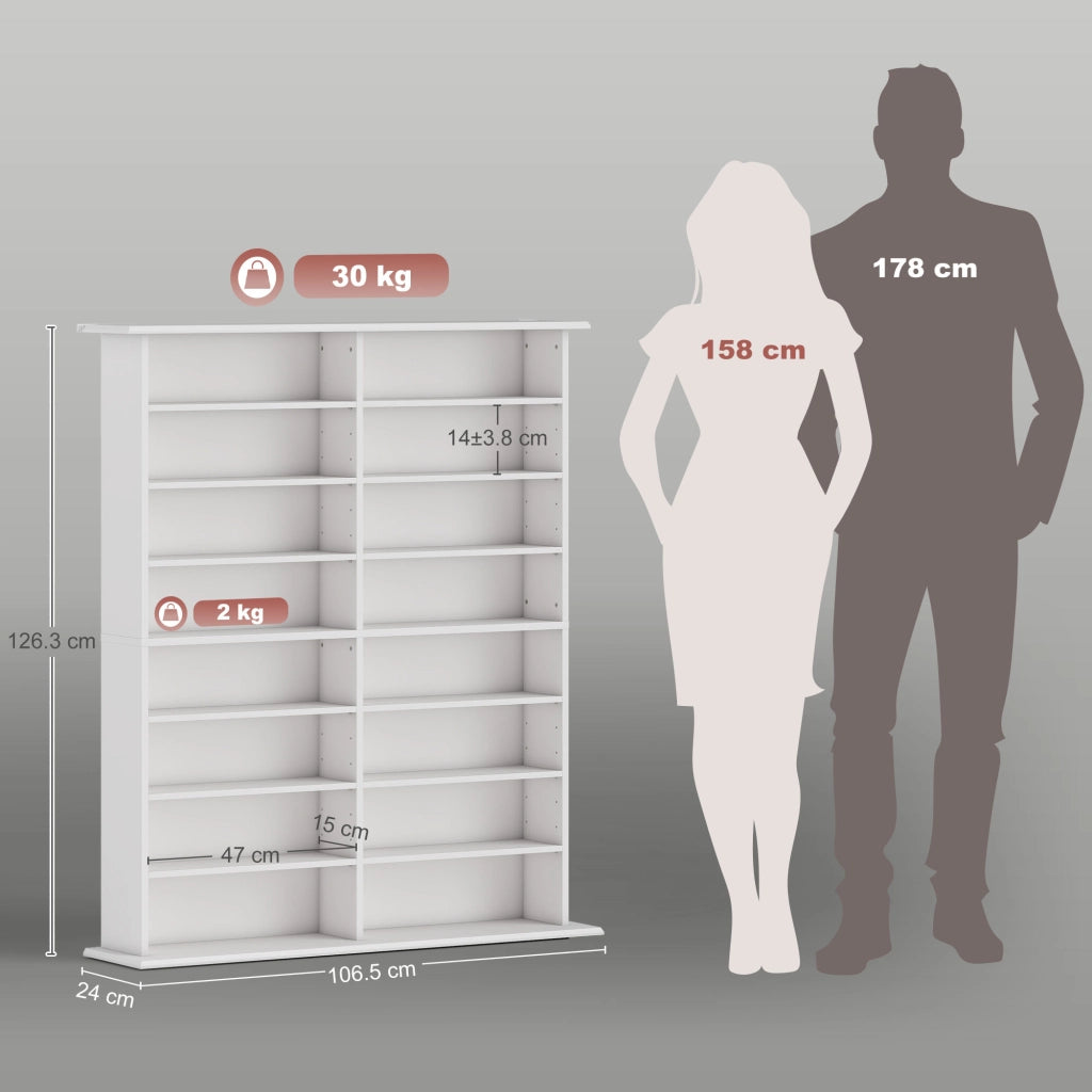 Mobile Libreria porta CD a 16 Ripiani dal Design Moderno in Legno. 106.5x24x126.3 cm. Bianco
