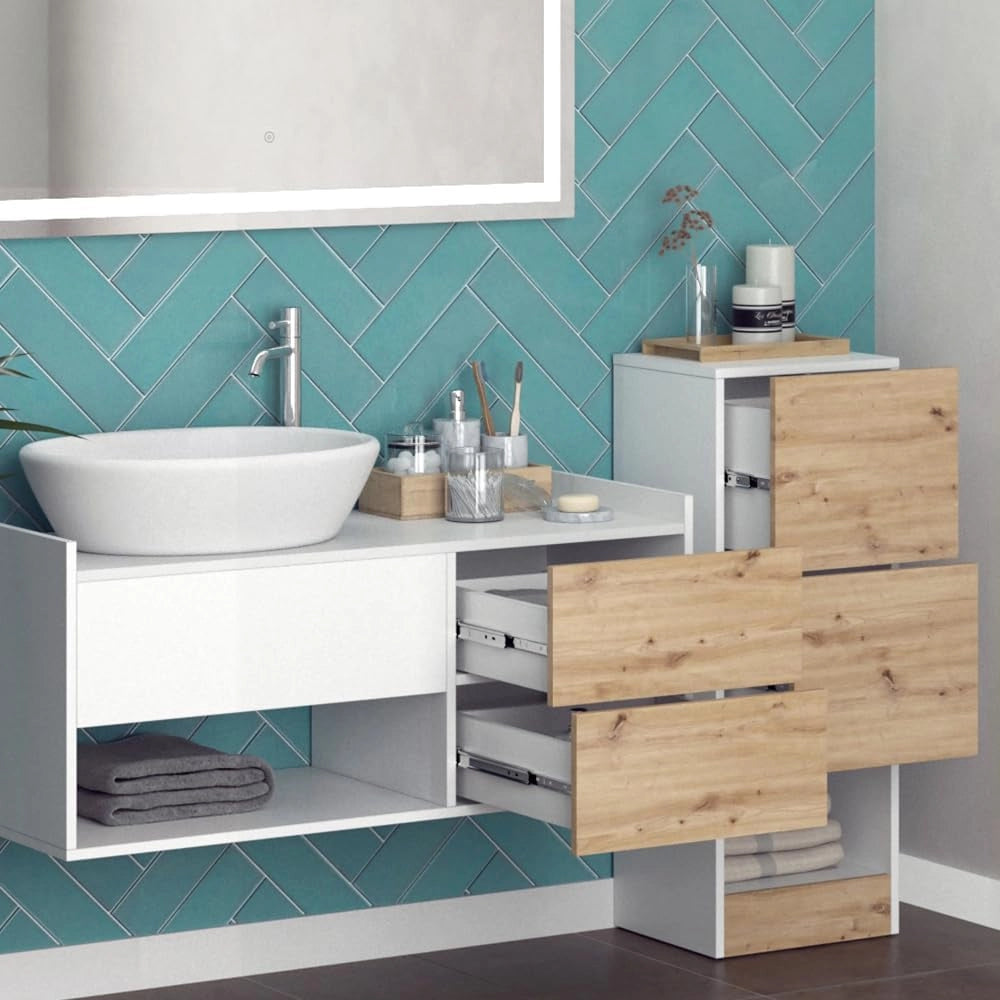 Set di mobili da bagno Alf, Bianco, 105 cm, composto da mobile sottolavabo, specchiera e mobile medio