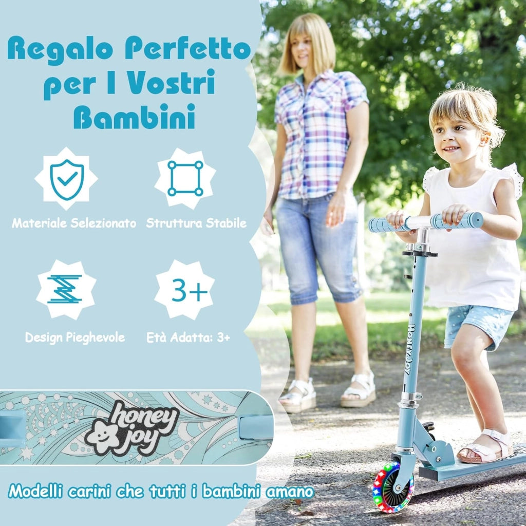 Monopattino Bambini, Monopattino Bambino e Bambina +3 Anni Pieghevole con 2 Ruote Lampeggianti, Manubrio Regolabile e Freno (Azzurro)