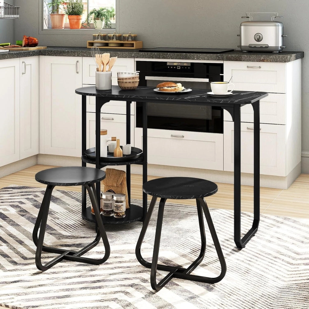 Set da Pranzo Industriale 3 Pezzi, Tavolo da Cucina in Legno con 2 Sgabelli e Ripiani Portaoggetti, Set da Pranzo Salvaspazio per Appartamenti, Cucina e Soggiorno (Nero)