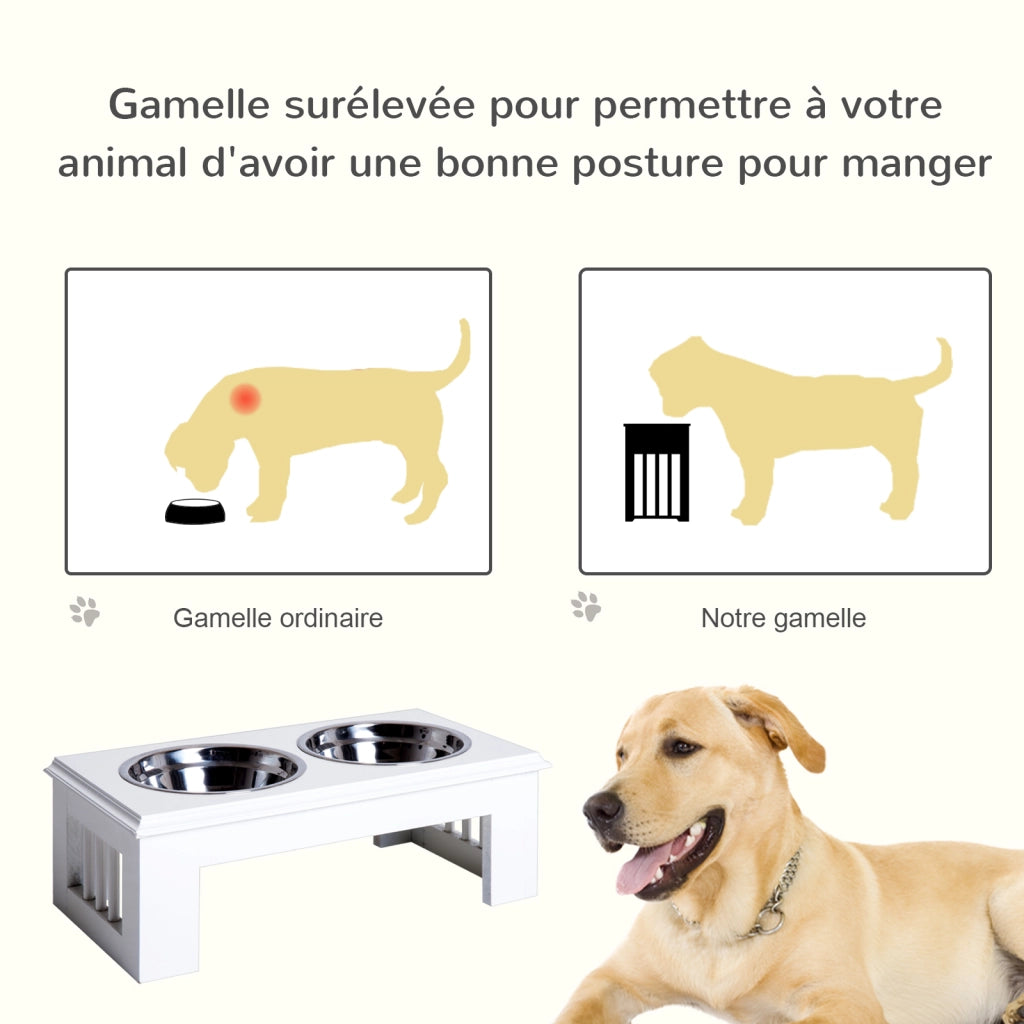Ciotola rialzata per cani e gatti doppia ¨C Xylo ¨C 44x24x15cm, 2 ciotole in acciaio inox 0,9L, legno bianco