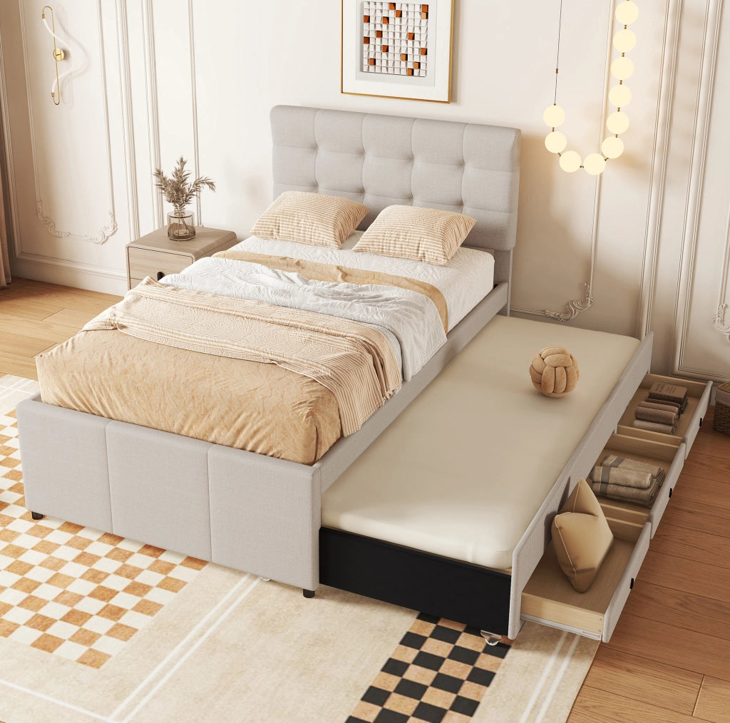 Letto singolo 90x200 cm; estraibile; 3 cassetti; testiera regolabile; lino; beige (Senza materasso)