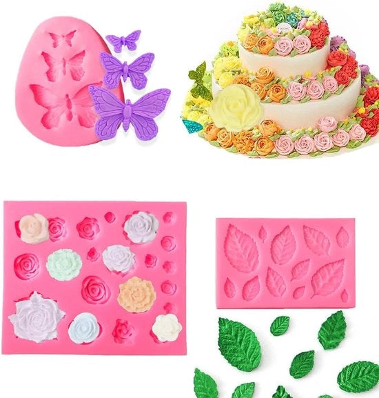 Set di 3 forme in silicone per decorare torte - 36 forme fiori di rosa, farfalle e foglie - per cioccolato e glassa.