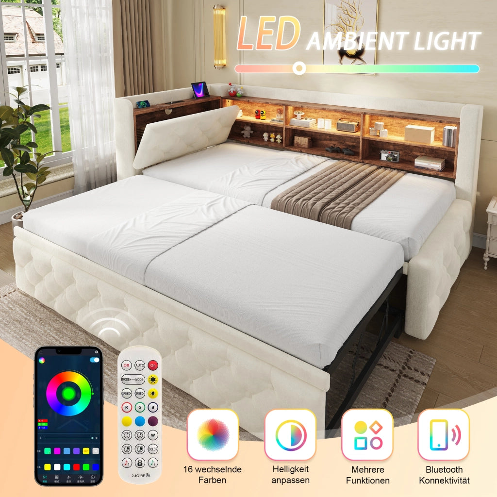 Divano letto estraibile 90x190 cm con LED; USB e Type-C; bracciolo contenitore; velluto beige