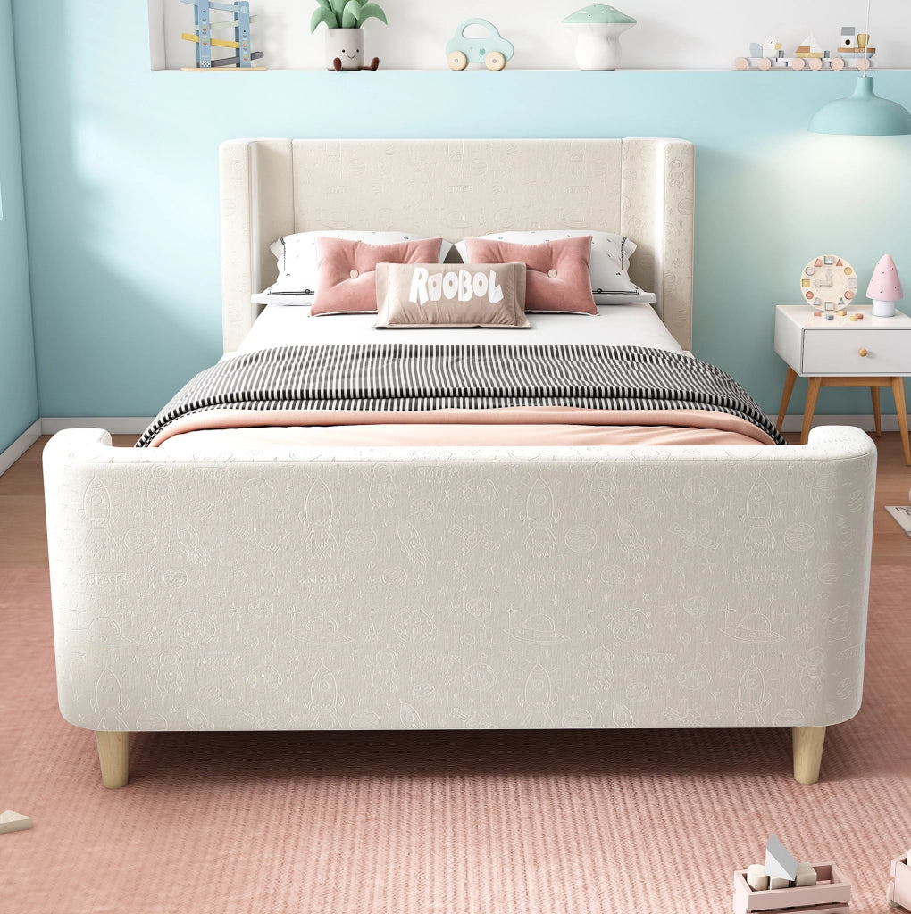 Letto singolo a slitta 90x200 cm in velluto beige con motivo spaziale per ?????ini