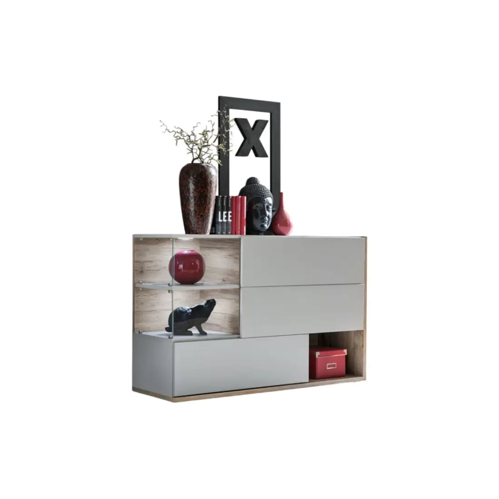 Buffet, credenza, enfilade KLIS con tre porte e tre nicchie. Colori grigio perla e rovere. Stile design.