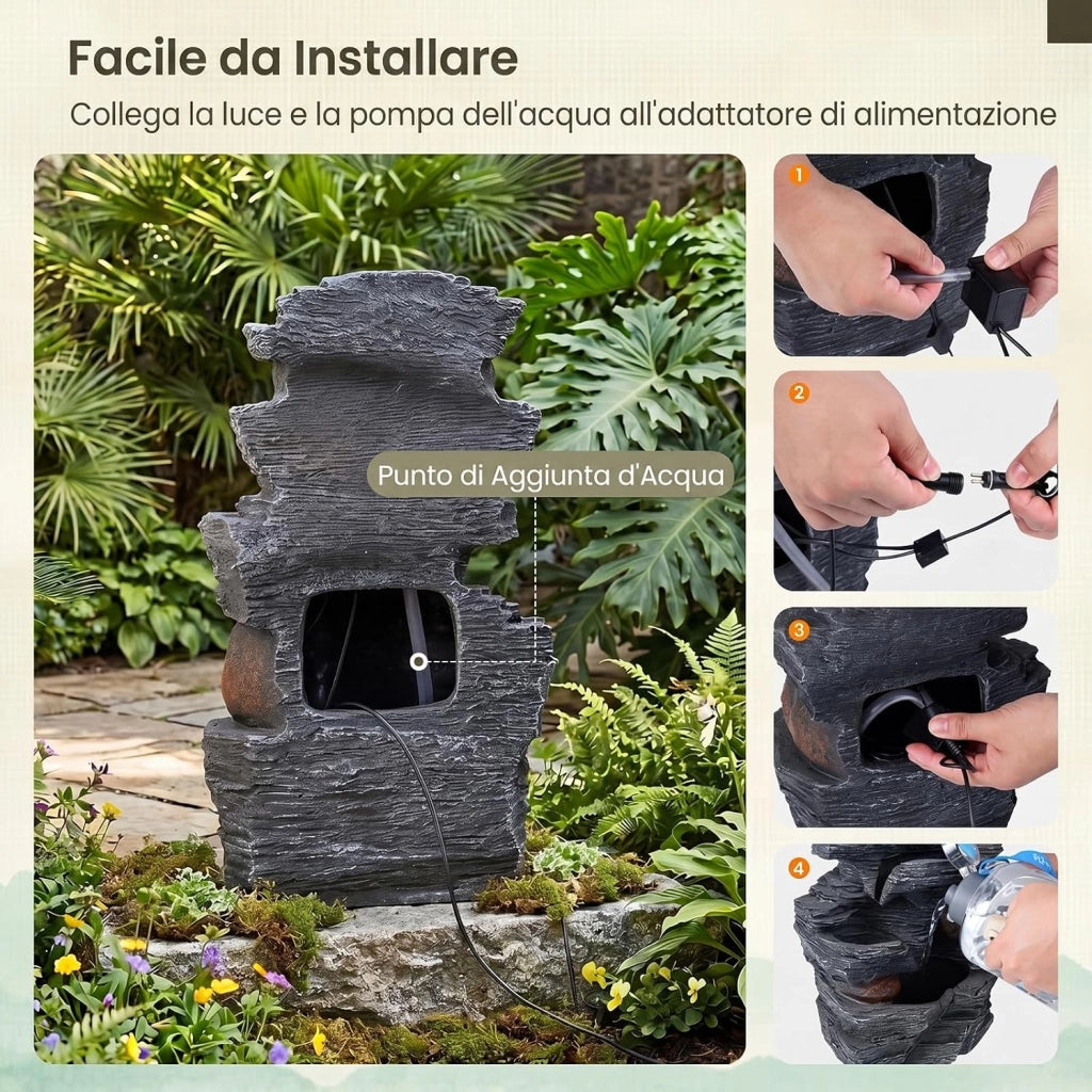 Fontana da Giardino, Fontanella Elettrica da Tavolo con Luci LED | Fontana Cascata in Resina a 5 Livelli con Flusso d'Acqua Regolabile e Pompa, da Interno ed Esterno per Terrazzo e Cortile
