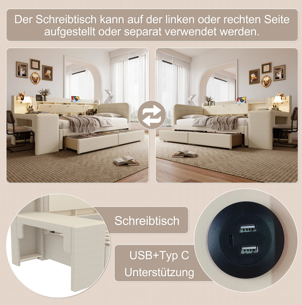 Letto singolo 90x200 cm con scrivania, cassetti e USB-C
