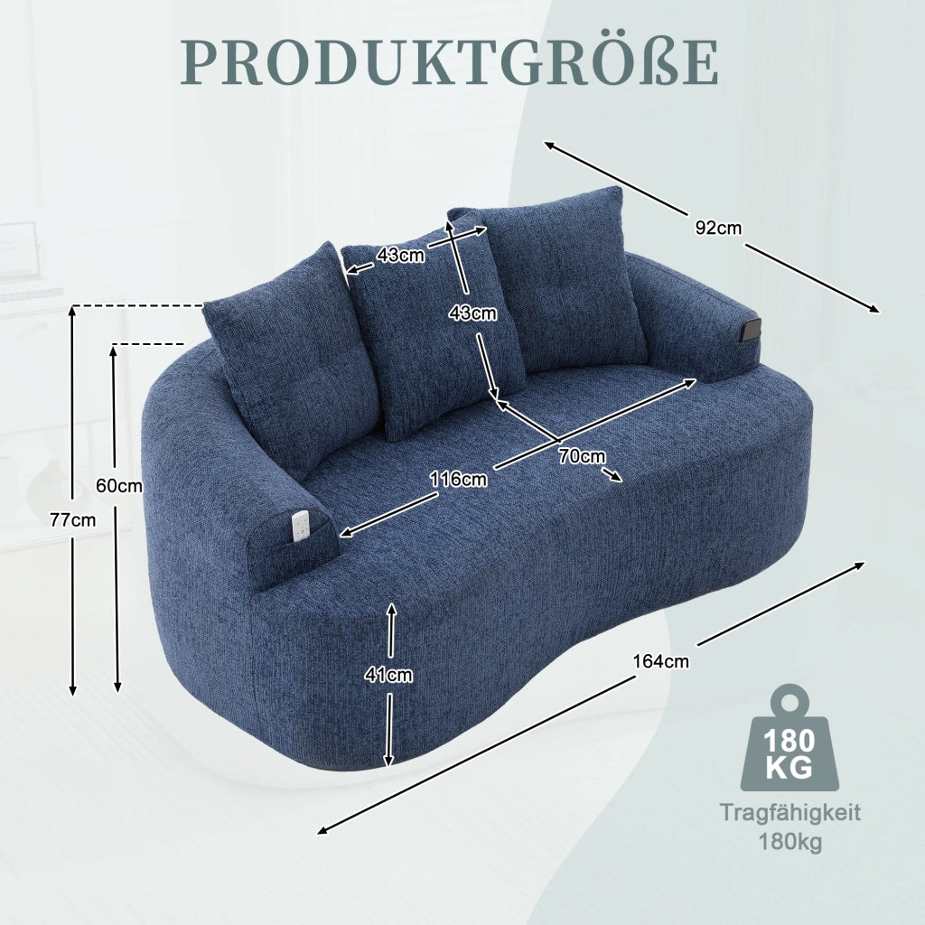 Divano a due posti in chenille con seduta profonda e cuscini extra spessi blu senza montaggio 164 × 92 × 60 cm