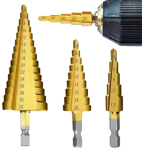 Set a tre pezzi per boratura - set di perforazione - più ampio - sega a metalescopo - punteria - alta durezza (4-12/20/32 mm), adatto per il trattamento di diversi materiali come acciaio, ottone, legno, plastica, ecc. 4 set nella confezione.