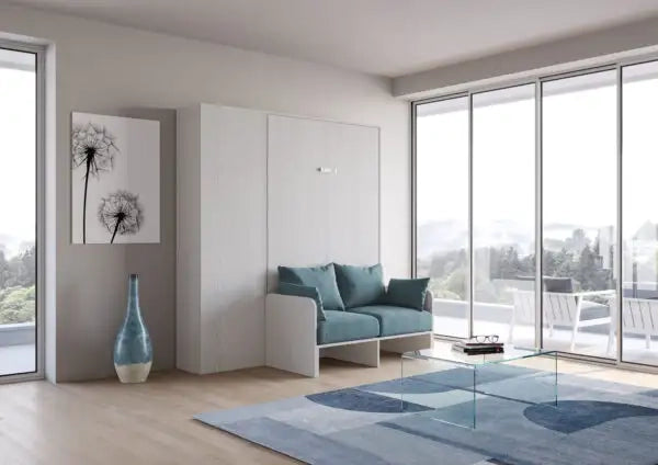 Letto una piazza e mezzo a scomparsa 120 Kentaro con divano e colonna bianco frassino, azzurro