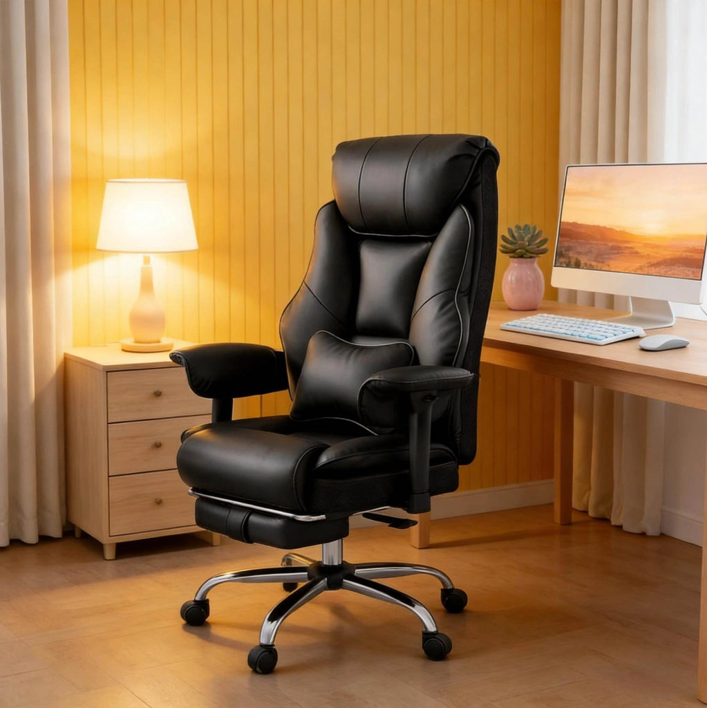 Sedia da ufficio ergonomica nera con poggiapiedi estensibile