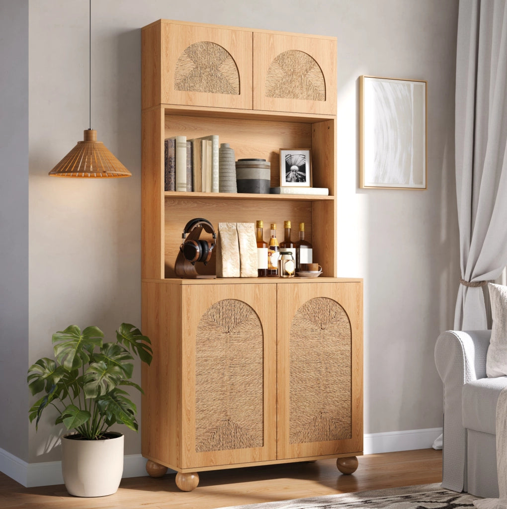 Credenza alta con vani aperti e porte intrecciate; 80x40x180 cm; MDF e truciolare; naturale