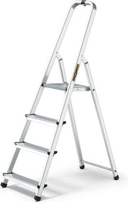 Scala a piattaforma in alluminio 4 gradini 125 kg - Lavorare in sicurezza a casa e durante i rinnovi - Capacità di carico 125 kg - Struttura stabile - Pieghe antiscivolo - Scala a piattaforma 60 cm - 0,43 x 1,45 x 0,75 m