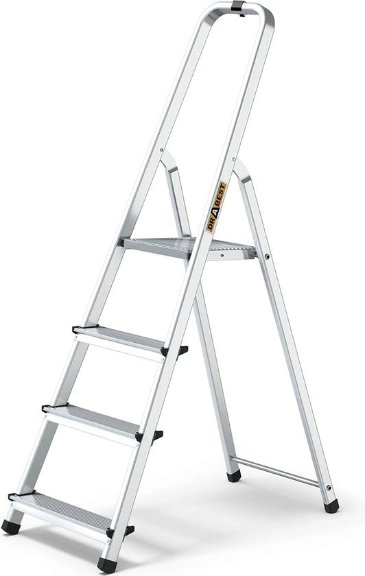 Scala a piattaforma in alluminio 4 gradini 125 kg - Lavorare in sicurezza a casa e durante i rinnovi - Capacità di carico 125 kg - Struttura stabile - Pieghe antiscivolo - Scala a piattaforma 60 cm - 0,43 x 1,45 x 0,75 m
