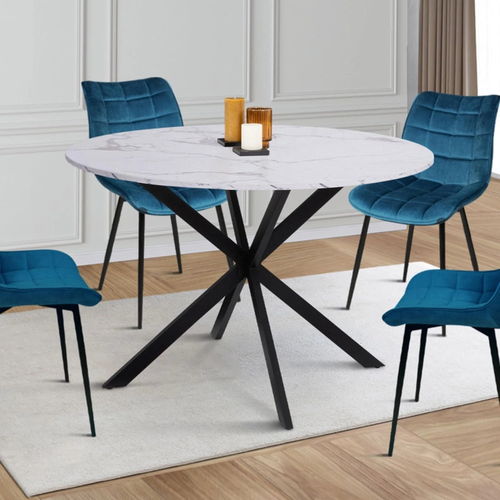 Tavolo da pranzo rotondo per 4-6 persone ALASKA con effetto marmo bianco e gamba a ragno in metallo 110 cm