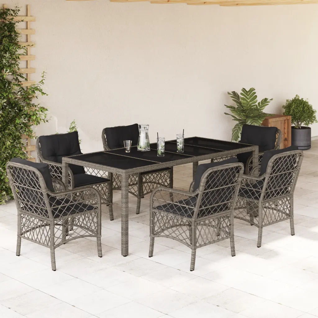 Set da Pranzo da Giardino 7 pz con Cuscini in Polyrattan Grigio 3212034