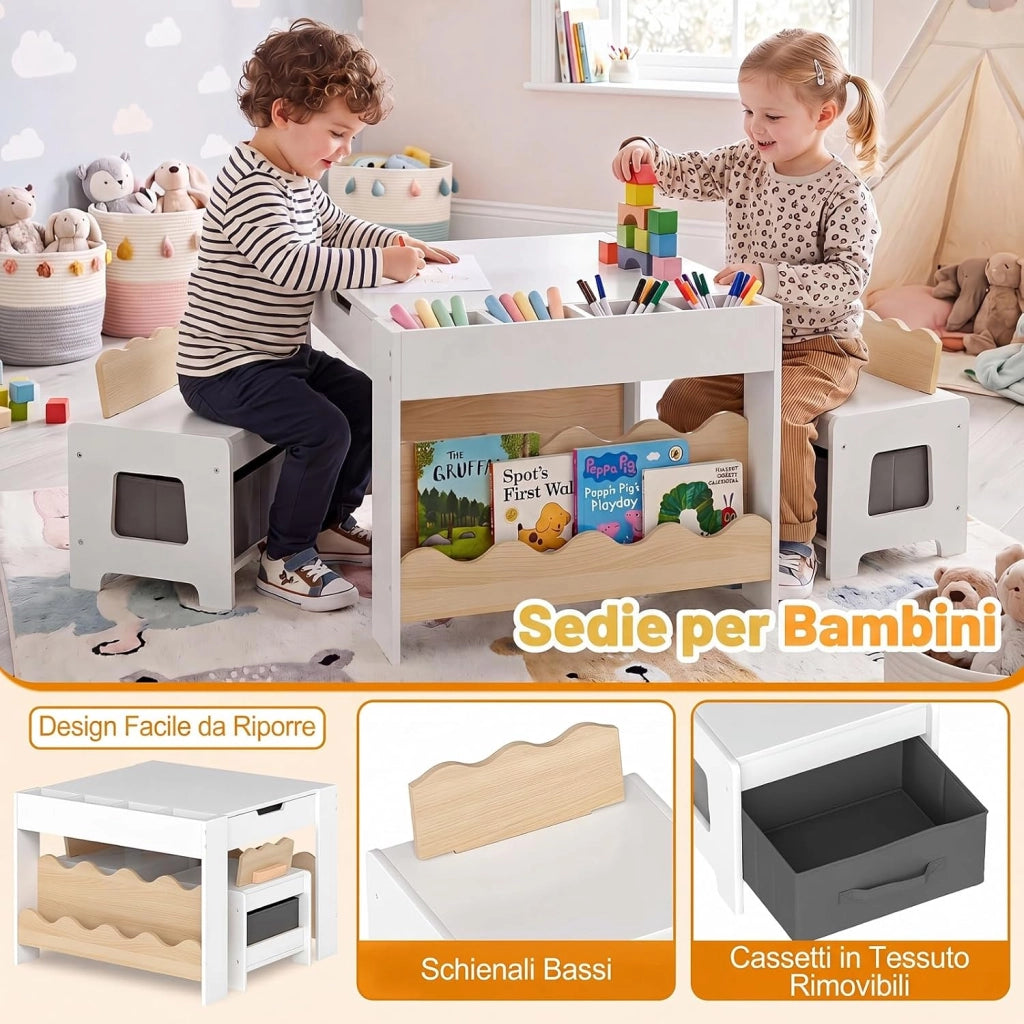 4 in 1 Set Tavolo e 2 Sedie per Bambini 3+ Anni (Naturale e Bianco) | Tavolo e Sedie con Lavagna Rimovibile, Sedia con Cassetto in Tessuto, Mobile in Legno Versatile per Cameretta e Soggiorno