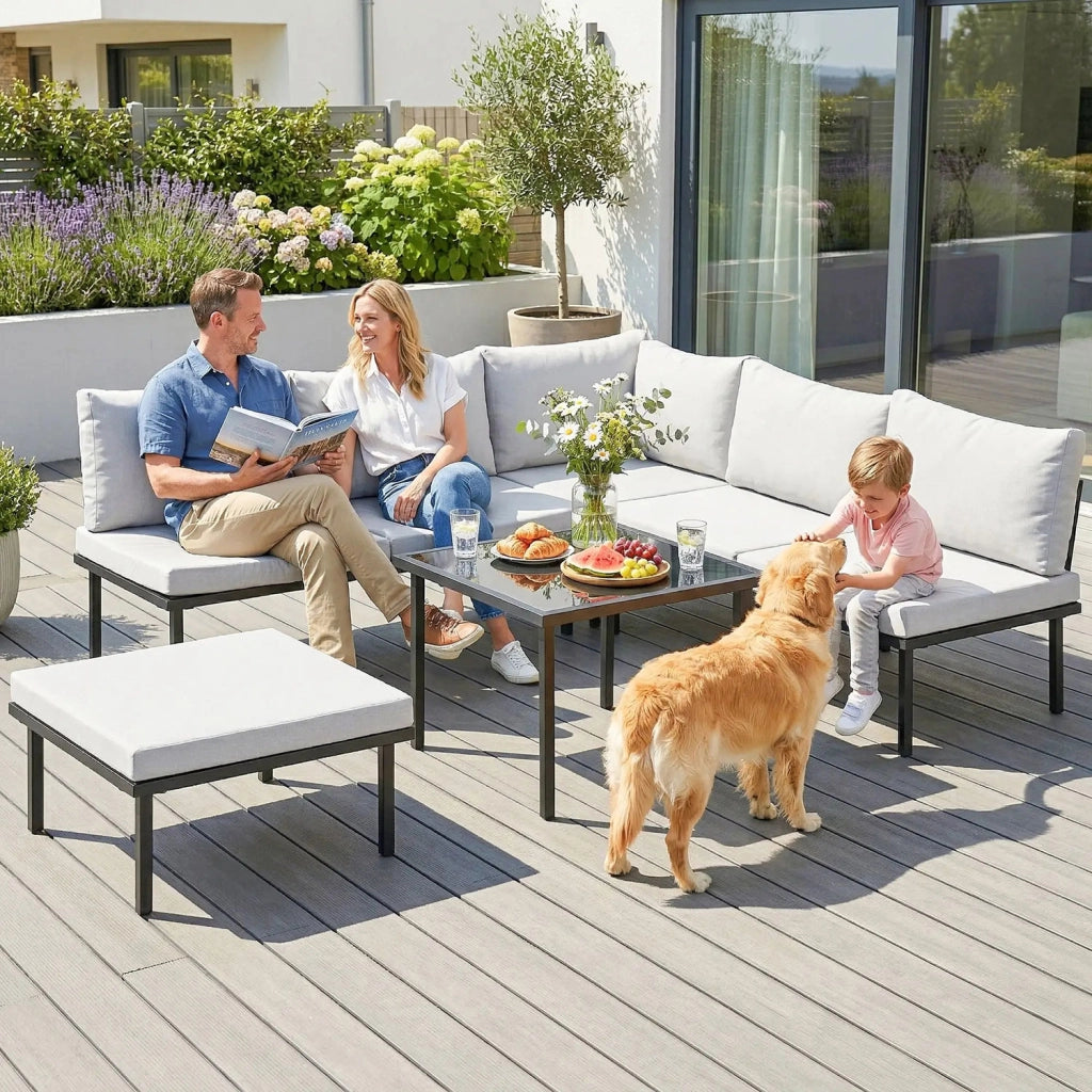 Set 6 Pezzi Mobili da Giardino Divano Angolare Poltrone con Cuscini e Tavolino in Metallo Grigio Chiaro