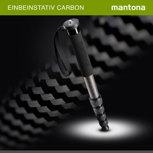 mantona Pro One monopiede in fibra di carbonio ultraleggera I altezza regolabile da 44 cm a 165 cm I pratico rivestimento in schiuma e cinghia da polso con accessori I colore: nero
