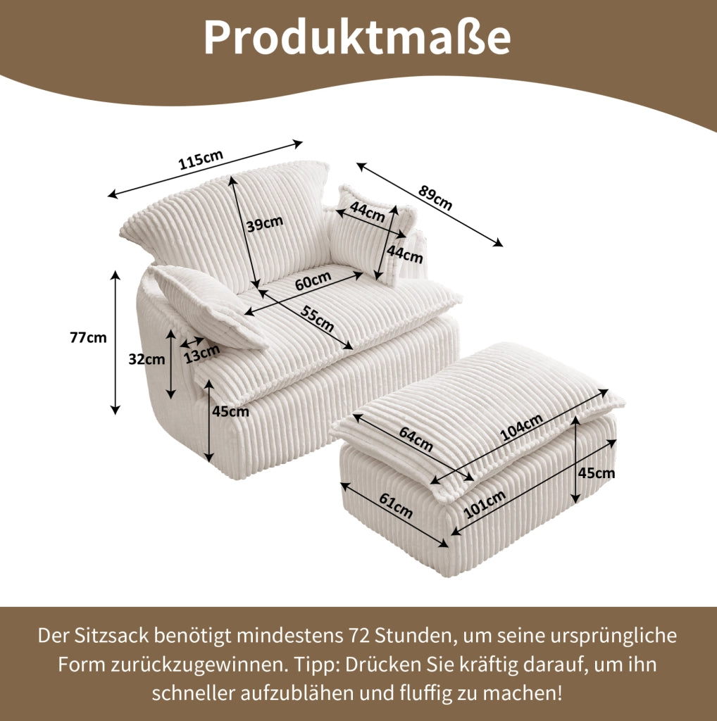 Poltrona relax compressa con pouf in tessuto flanella beige HOMVRA