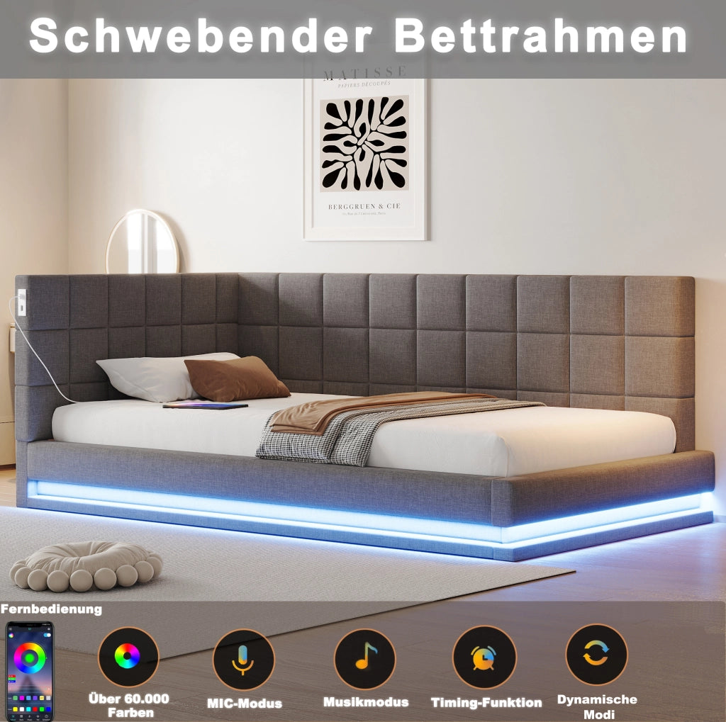Divano letto imbottito 90x200 cm con LED; porta USB e rete a doghe; in lino grigio